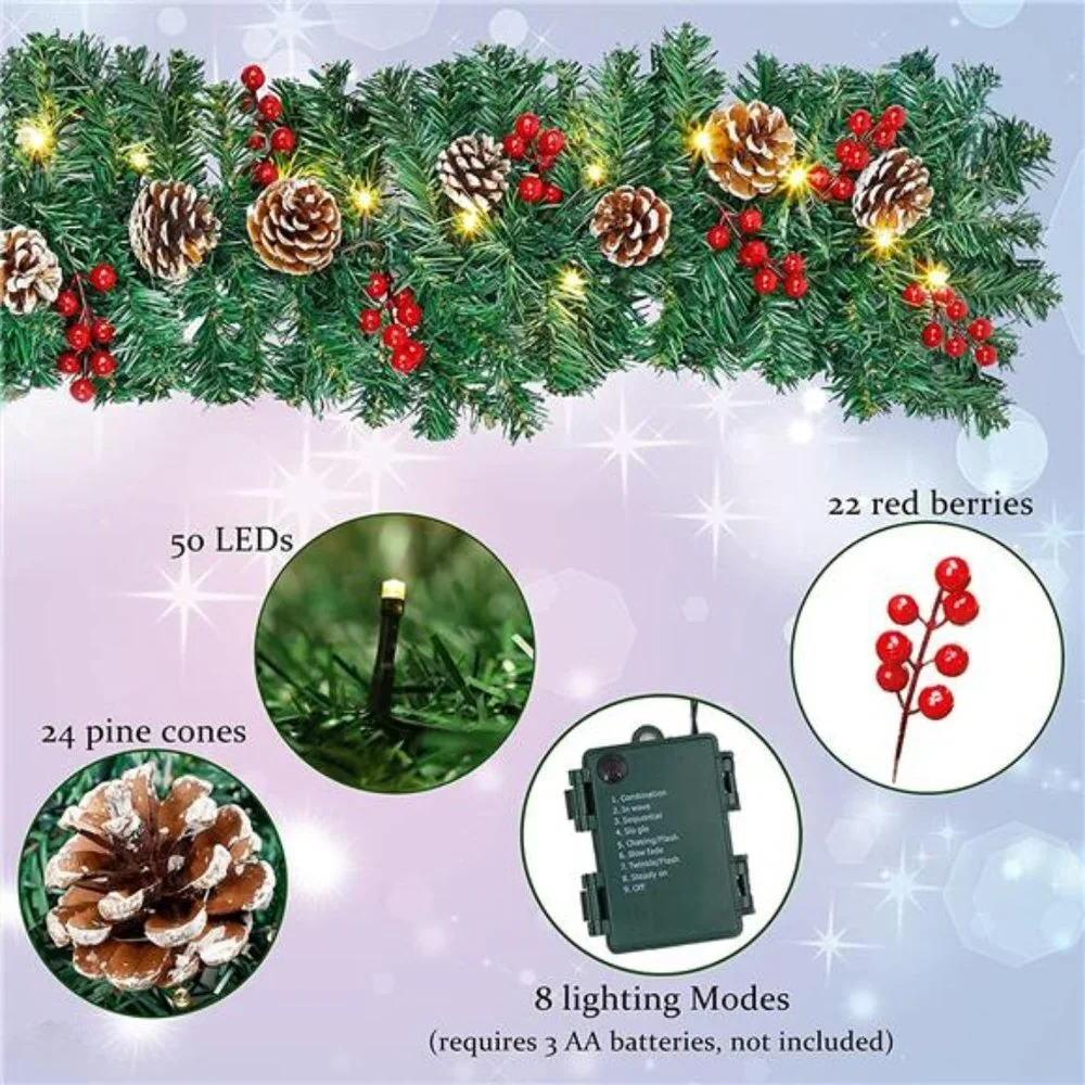 9 Foot Christmas Lighted Garland, Christmas Garland with Lights, Pre Lit Garland